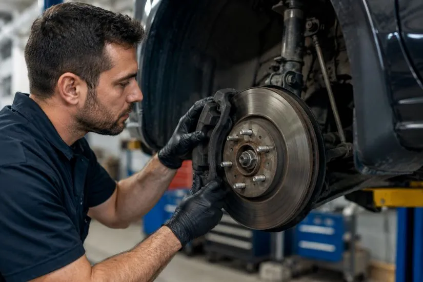 Mechanic inspecting car brake rotor and caliper during brake repair service in auto repair shop